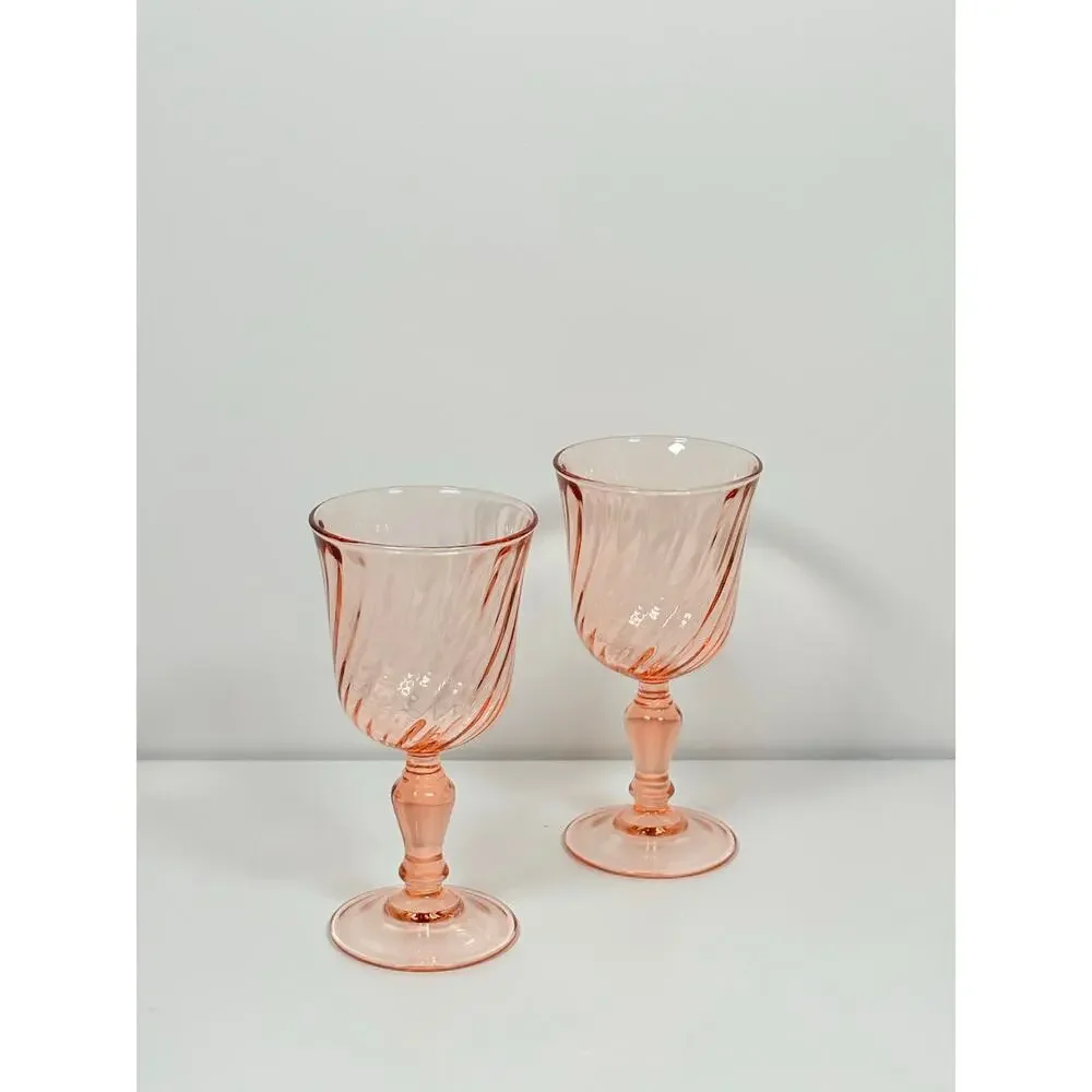 Vintage Arcoroc France Rosaline Pink Swirl Optic Stemware Goblets ~ Pair